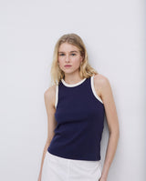 Dark blue top with contrasting trim