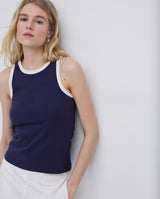 Dark blue top with contrasting trim
