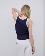 Dark blue top with contrasting trim