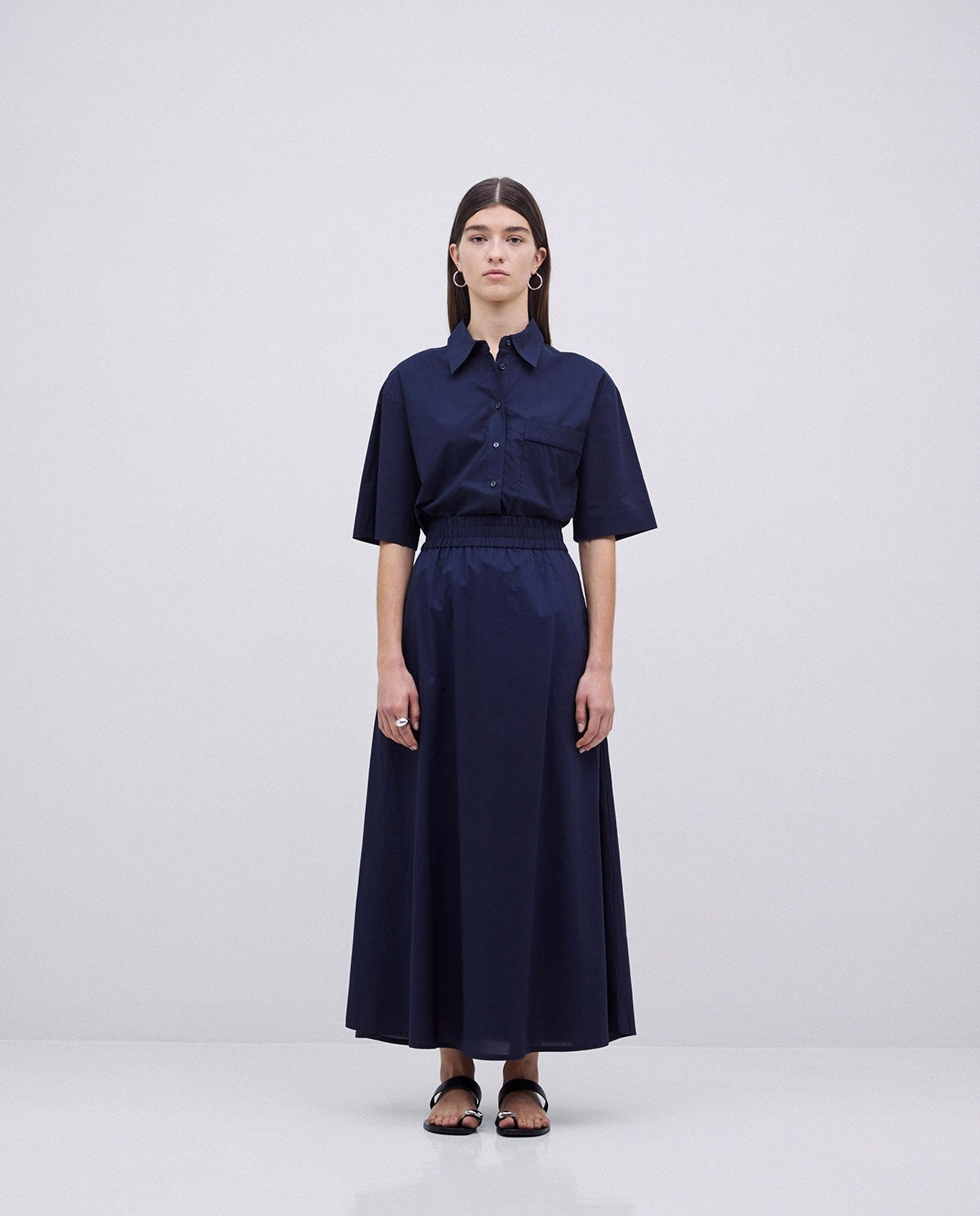 Dark blue poplin elastic waist skirt