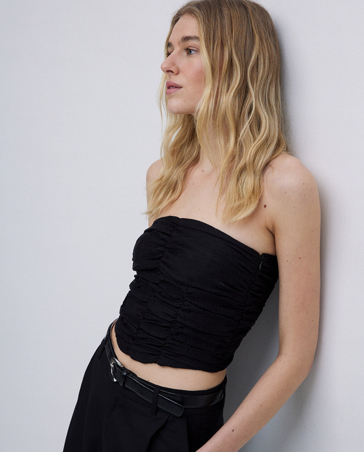Black Draped Strapless Top