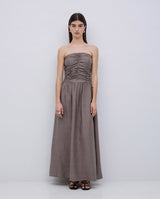 KHAKI LONG DRAPED STRAPLESS DRESS