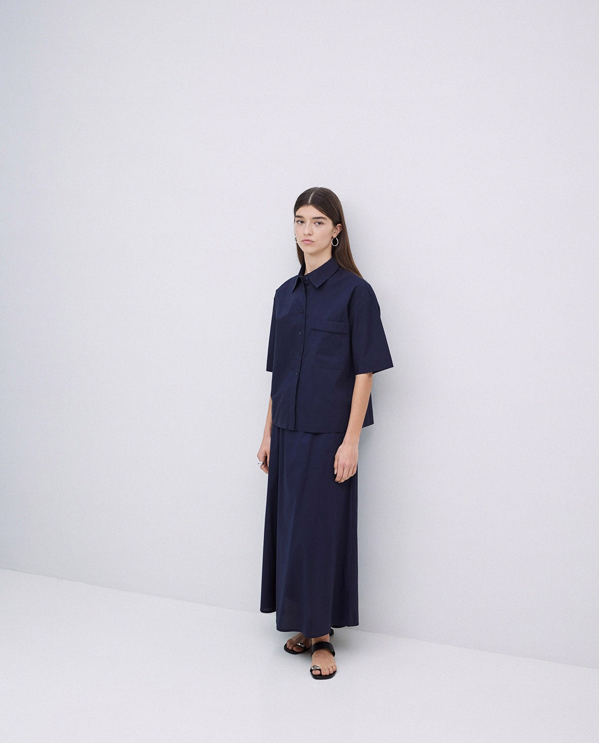 Dark blue poplin elastic waist skirt