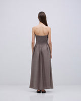 KHAKI LONG DRAPED STRAPLESS DRESS