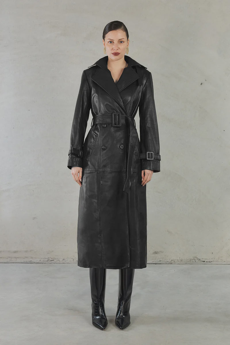 Julia Leather Leather Coat Mid Length in Black