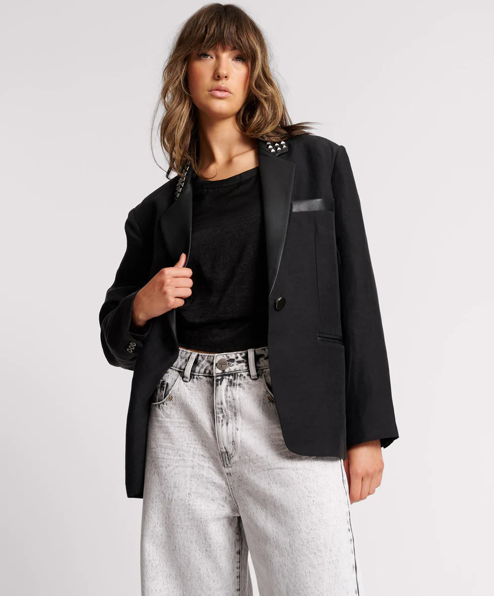 One Teaspoon Punk Studded Linen Blazer In Black