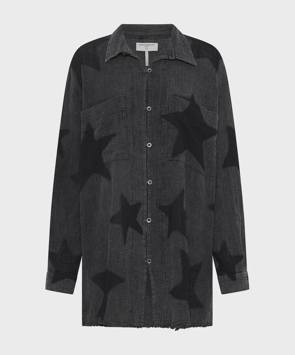 One Teaspoon Black Star Muslin Longline Shirt In Charcoal