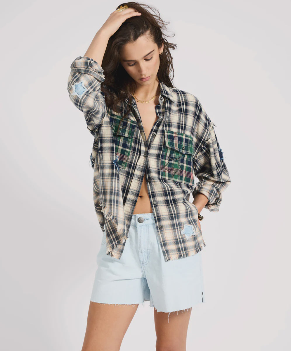 Flannel Star Studded Shirt Cream Blue