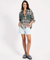 Flannel Star Studded Shirt Cream Blue