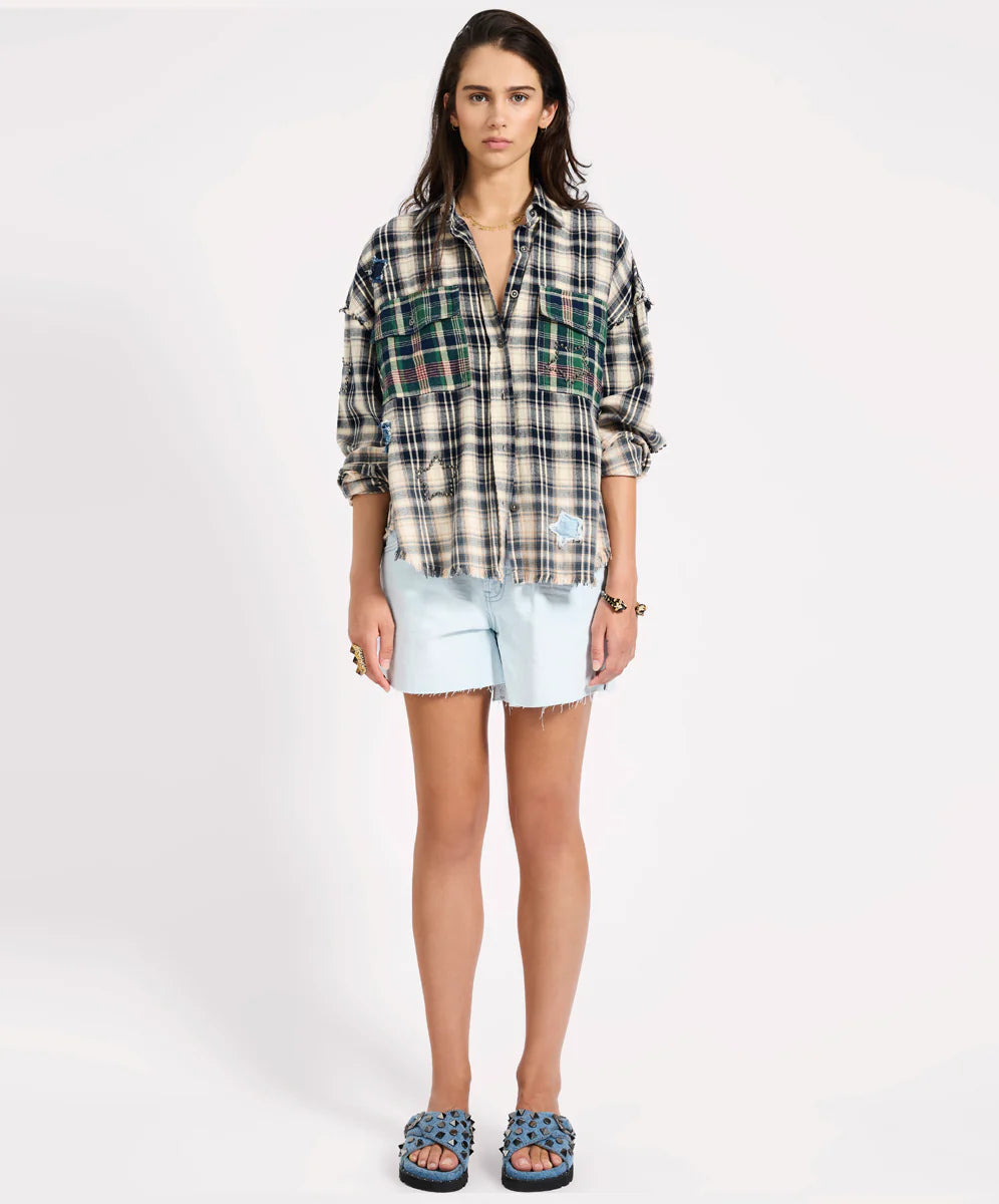 Flannel Star Studded Shirt Cream Blue