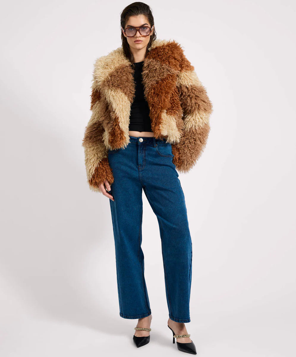 Mongolian Cropped Faux Fur Jacket Tan