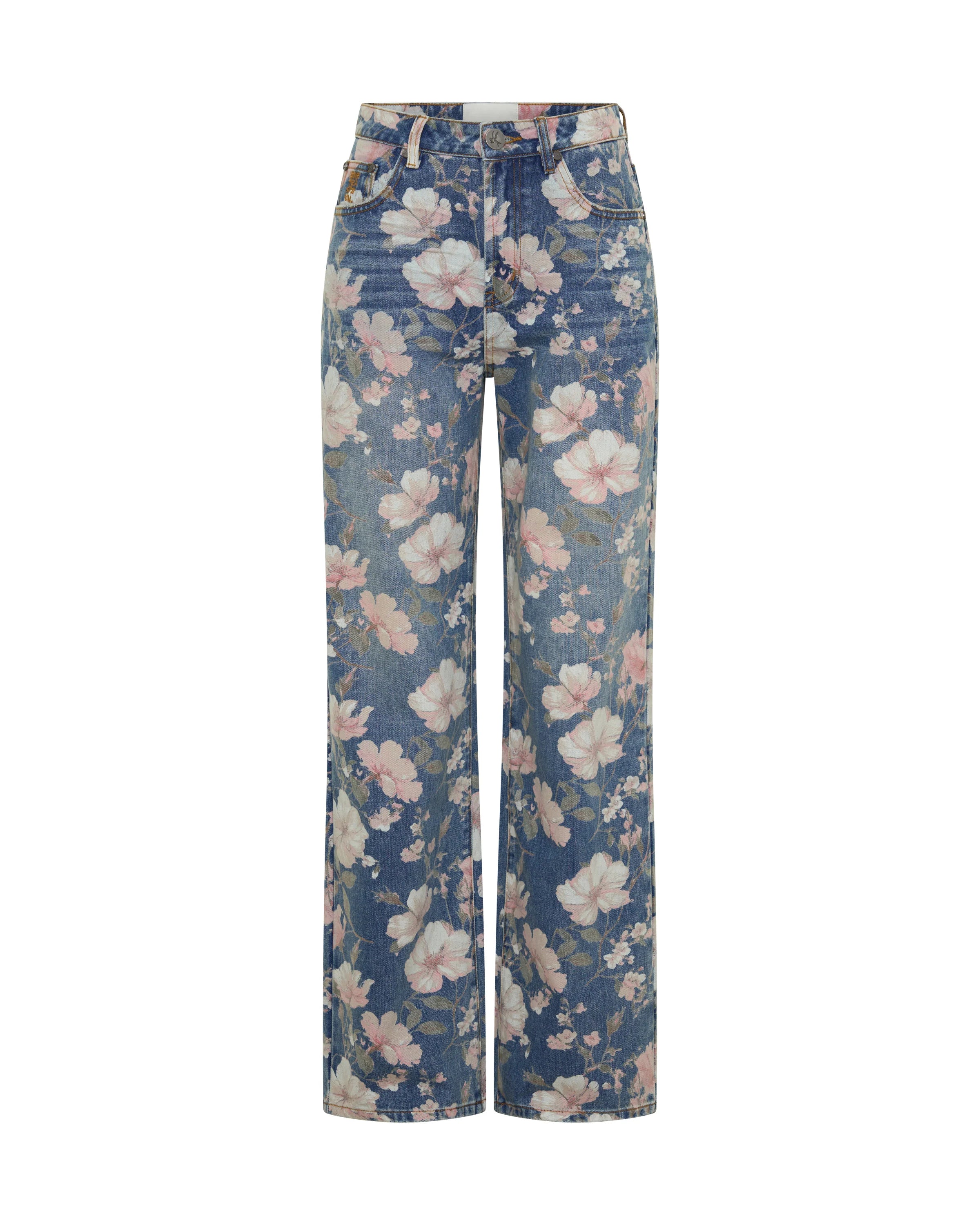 Icon High Waist Straight Leg Denim Jeans - Floral Bloom Cobaine Blue