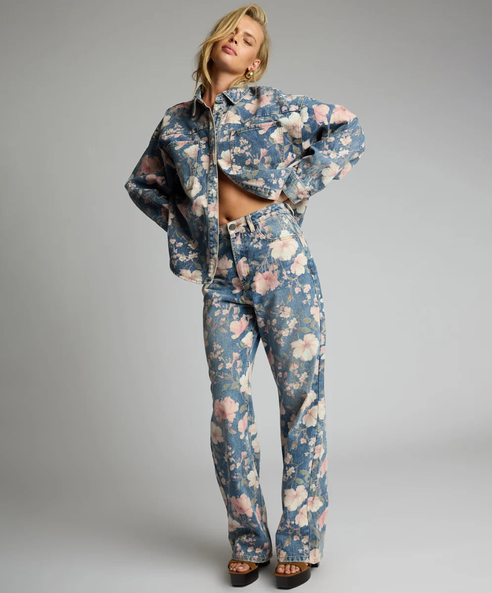 Icon High Waist Straight Leg Denim Jeans - Floral Bloom Cobaine Blue