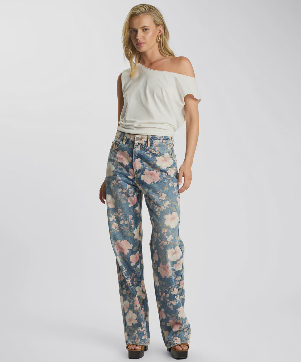 Icon High Waist Straight Leg Denim Jeans - Floral Bloom Cobaine Blue