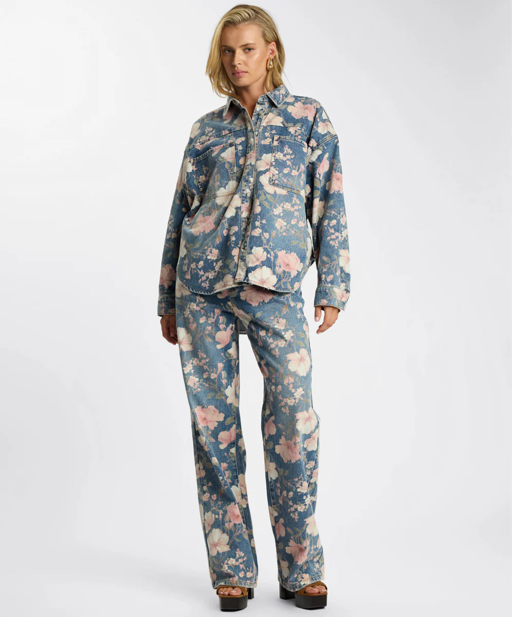 Icon High Waist Straight Leg Denim Jeans - Floral Bloom Cobaine Blue