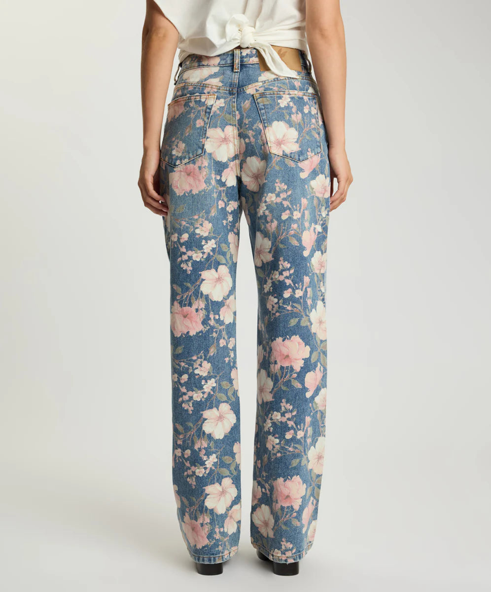 Icon High Waist Straight Leg Denim Jeans - Floral Bloom Cobaine Blue