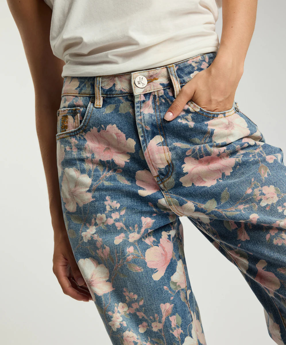 Icon High Waist Straight Leg Denim Jeans - Floral Bloom Cobaine Blue