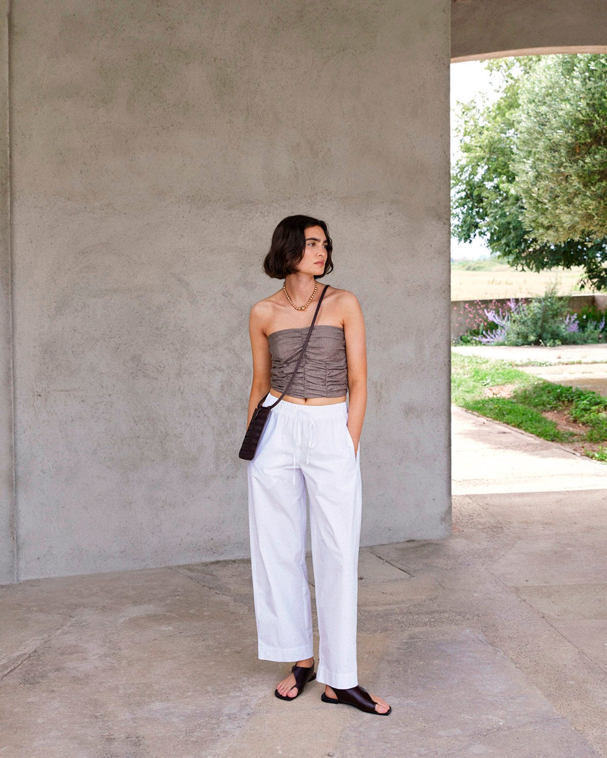 KHAKI DRAPED STRAPLESS TOP