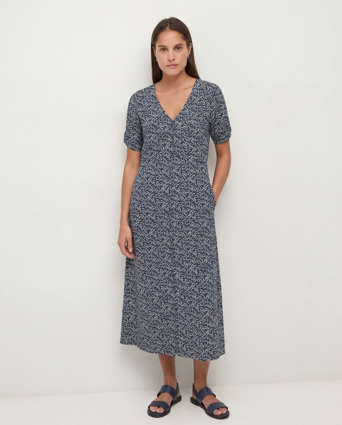 Viscose Midi Dress Navy Leaves