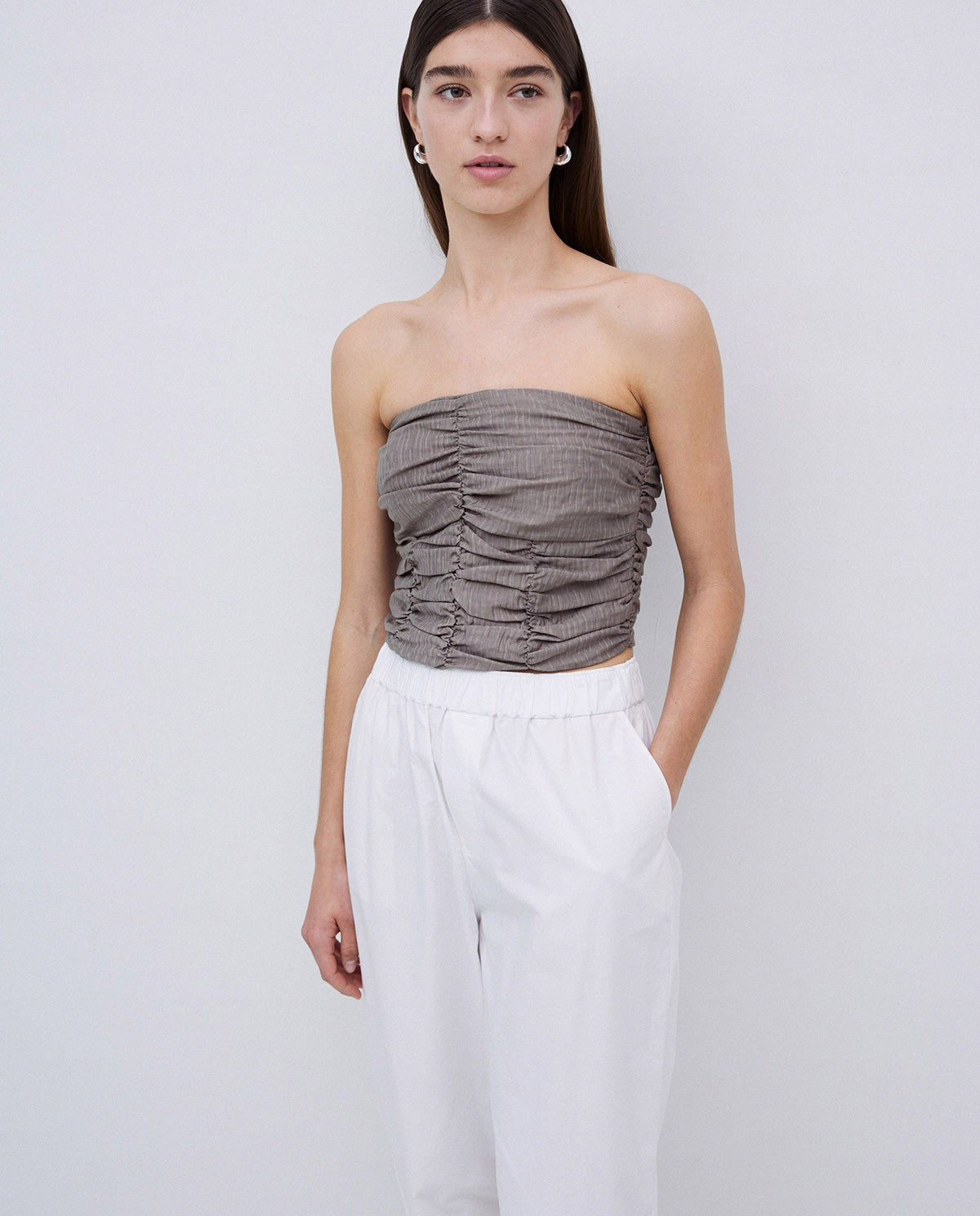 KHAKI DRAPED STRAPLESS TOP