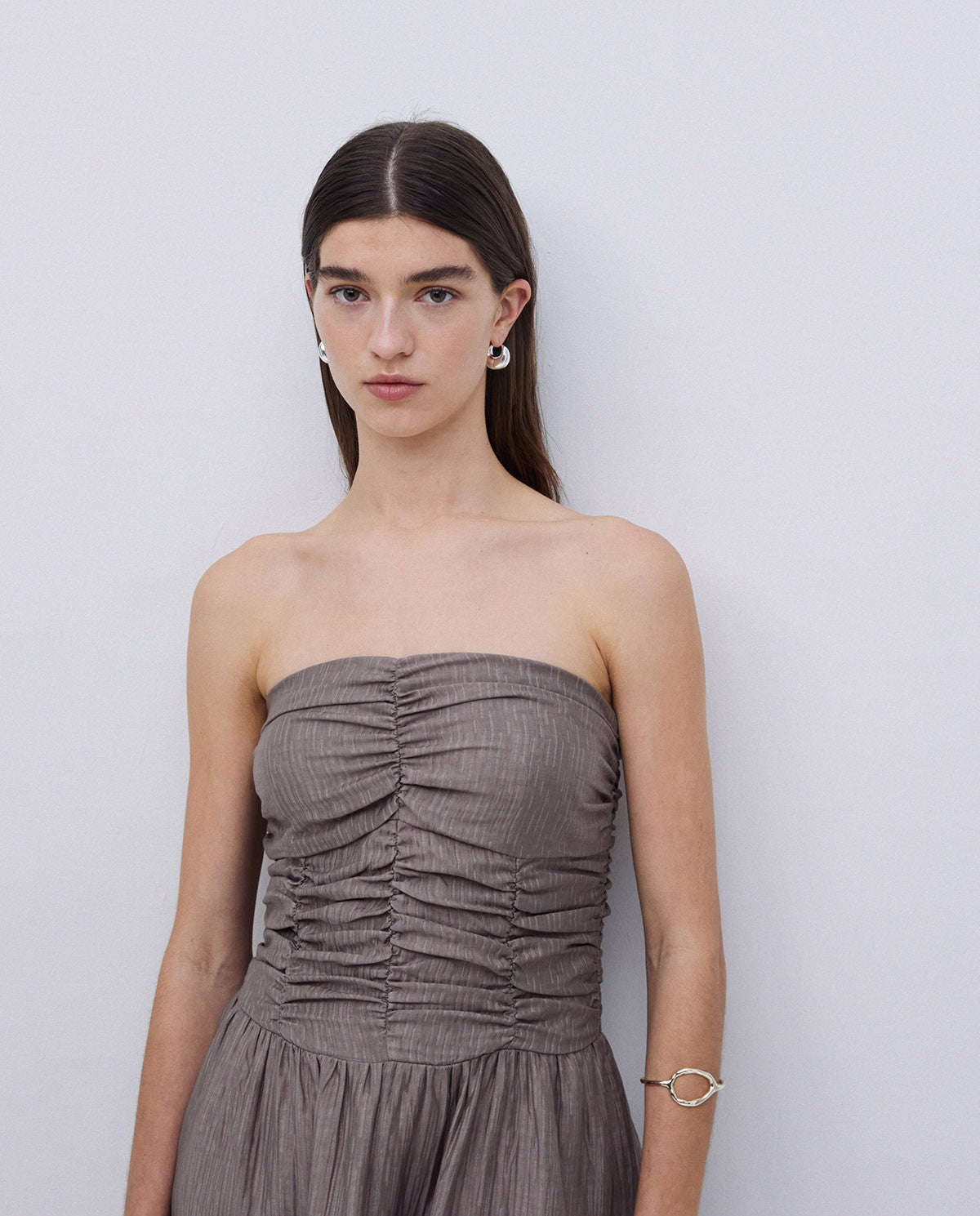 KHAKI LONG DRAPED STRAPLESS DRESS