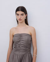 KHAKI LONG DRAPED STRAPLESS DRESS