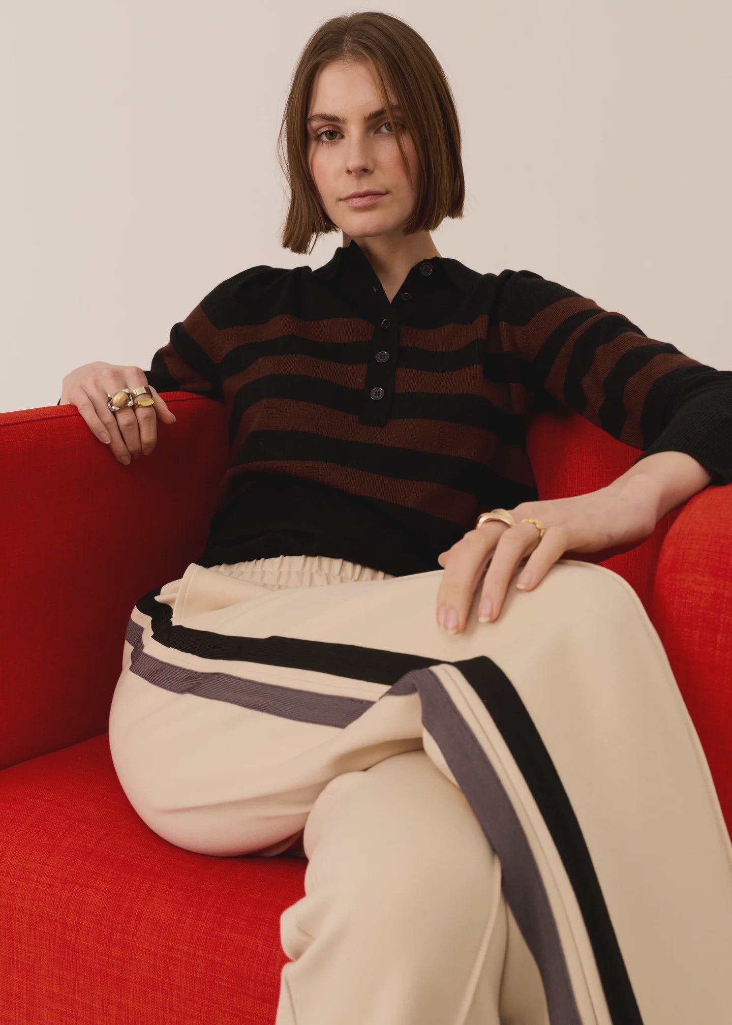 Meira Stripe Polo Knit Black/Toffee