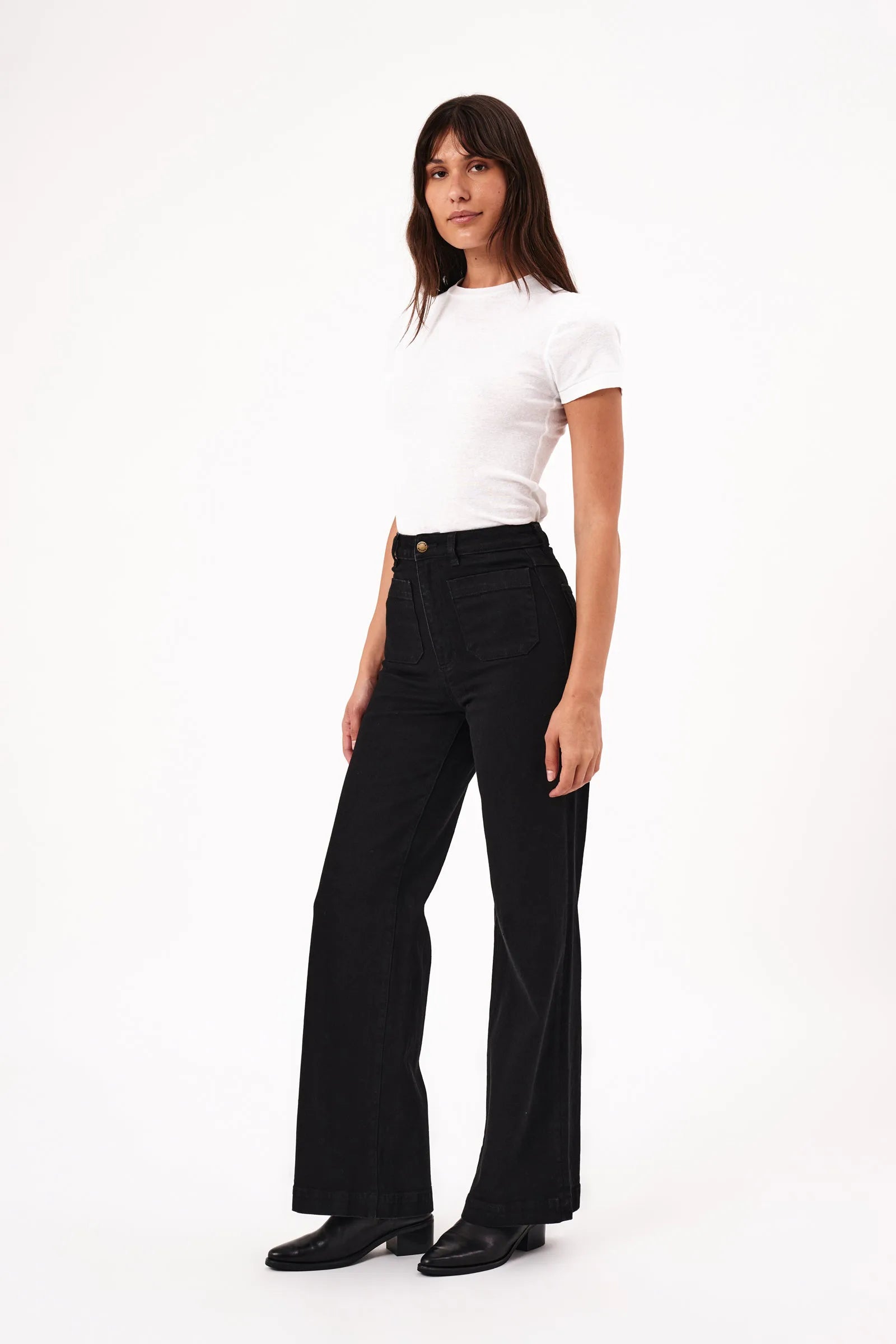 Rollas High Rise Wide Leg Sailor Jean in Jet Black