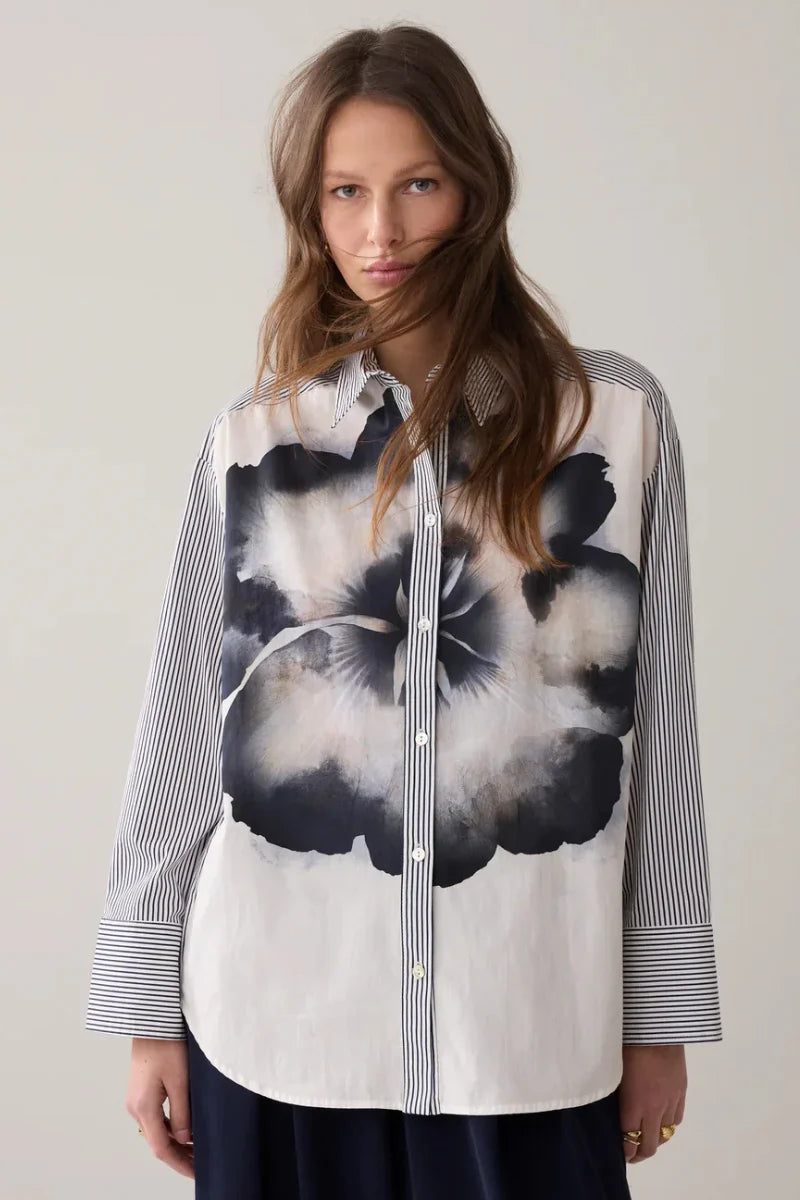 Big Flower Shirt Navy Stripe