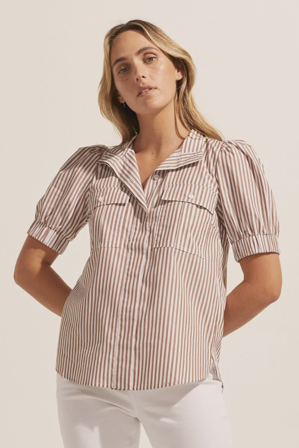 Pre Loved Zoe Kratzmann Alot Top Mocha Stripe 1  RRP$199.00
